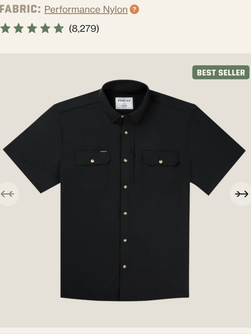 Poncho Original Slim Fit Burnt End Magnetic Pockets Short Sleeve Button Down L